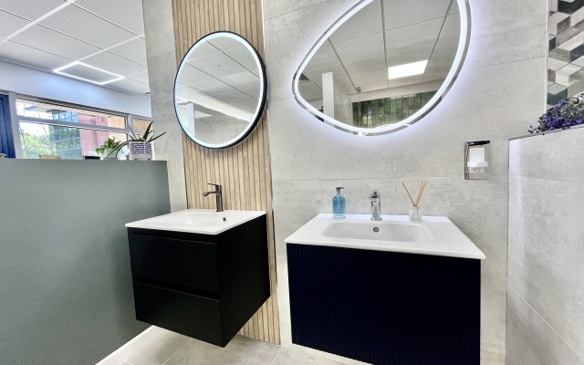 VU Bathrooms Whiteley 06 - Front Bay Calypso Units Hib Mirrors Porcelanosa Tiles